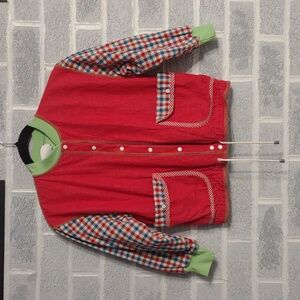 Max and Cleo Kids 100% Cotton Red Jacket w/ Gingham Sleeves & Fish Embroidery